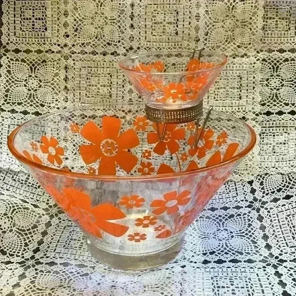 Mid-Century Atomic Daisy Flower Glass Chip &  Dip Serving Bowl Set - Picture 11 of 16